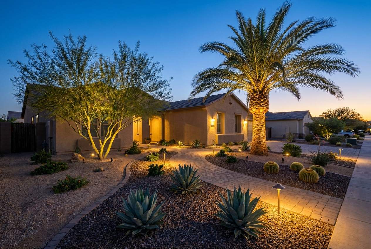 Landscape lighting at dusk in Goodyear, AZ